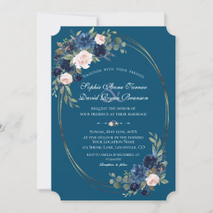 Invitation Aquarelle bleu marine Blush Flowers Mariage