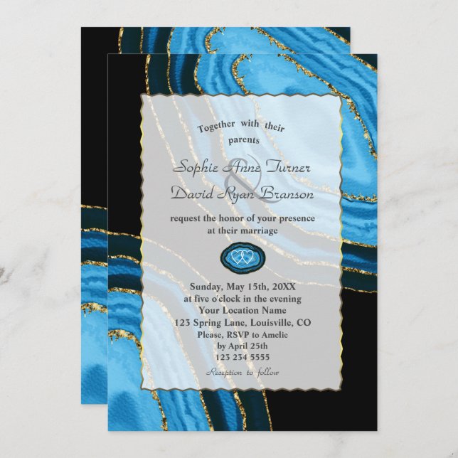 Invitation Aquarelle bleu marine de luxe Agates Pearls Mariag (Devant / Derrière)
