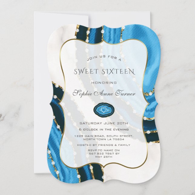 Invitation Aquarelle bleu marine de luxe Agates Sweet sixteen (Devant)