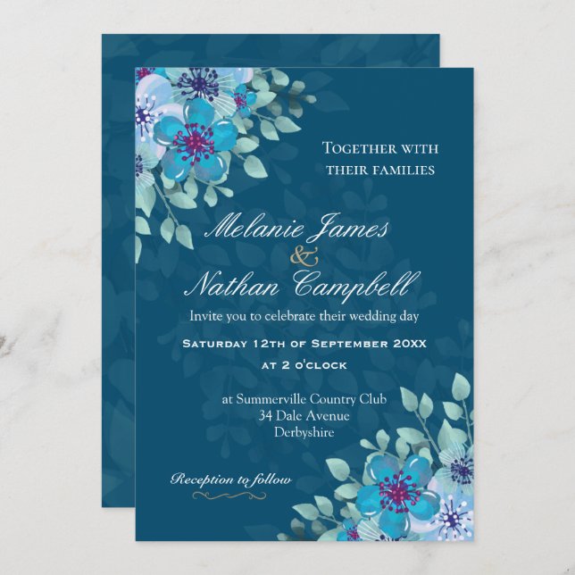 Invitation Aquarelle bleu marine et bleu clair Floral Élégant (Devant / Derrière)