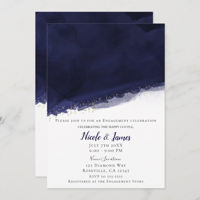 Invitation Aquarelle bleu marine et or Mariage moderne chic (Devant / Derrière)