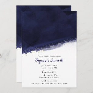 Invitation Aquarelle bleu marine et or Moderne Chic Sweet 16
