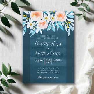 Invitation Aquarelle bleu marine Floral Mariage moderne