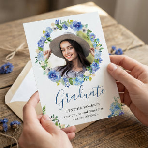 Invitation Aquarelle bleu marine Floral Wreath Photo des dipl