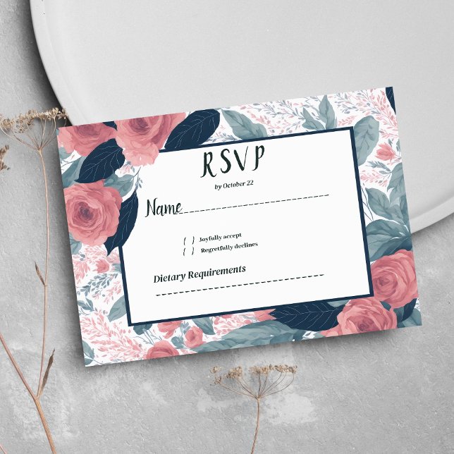 Invitation Aquarelle bleu marine mauve rose floral RSVP (Watercolor navy blue mauve pink floral RSVP )