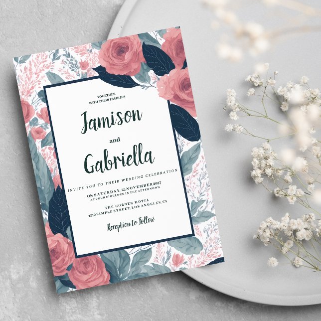 Invitation Aquarelle bleu marine mauve rose Mariage (Watercolor navy blue mauve pink floral Wedding )