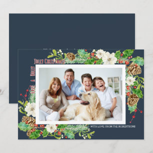 Invitation Aquarelle bleu marine Noël Holly Jolly Floral