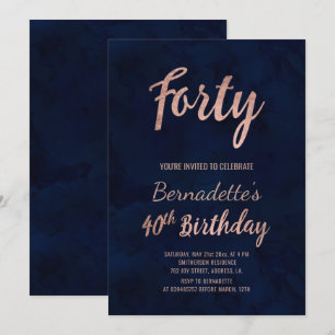 Invitation Aquarelle bleu marine or rose 40e anniversaire