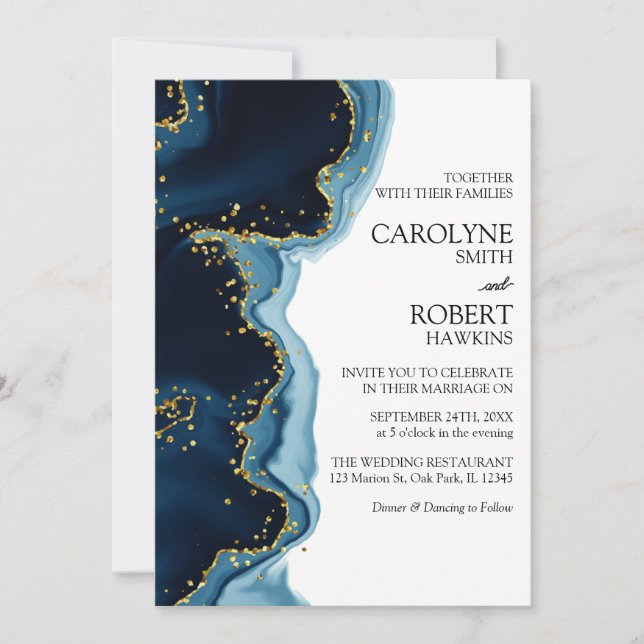 Invitation Aquarelle bleu marine or tout en un Mariage (Devant)