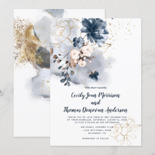 Invitation Aquarelle bleu marine, pêche et or