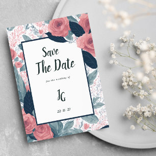 Invitation Aquarelle bleu marine rose floral Enregistrer la d