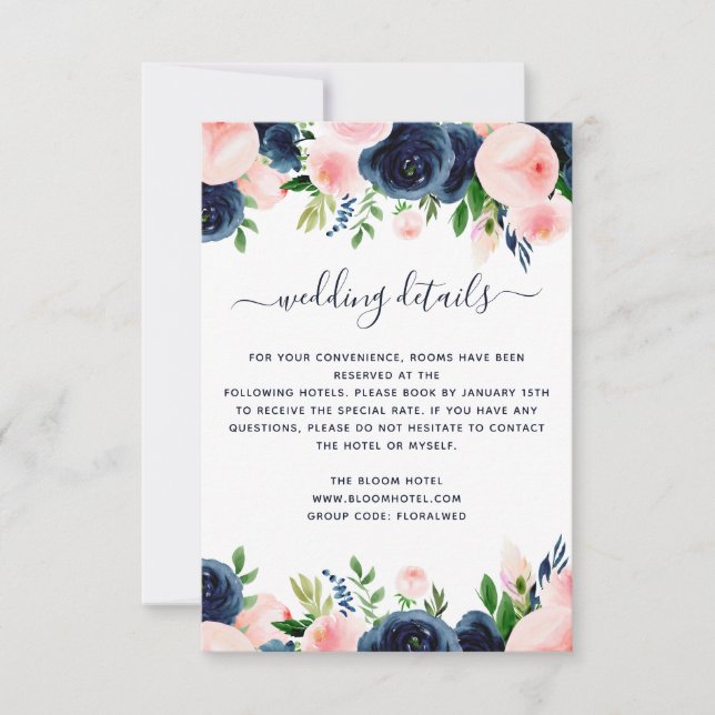 Invitation Aquarelle bleu marine rose Mariage Floral Détails (Devant)