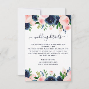 Invitation Aquarelle bleu marine rose Mariage Floral Détails