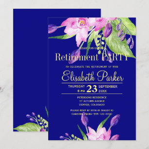 Invitation Aquarelle bleu marine rose pâle fête de retraite f