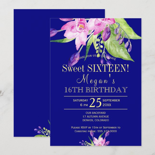 Invitation Aquarelle bleu marine rose sweet sixteen floral (Devant / Derrière)