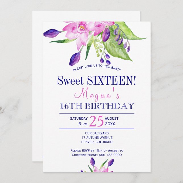 Invitation Aquarelle bleu marine rose sweet sixteen floral (Devant / Derrière)