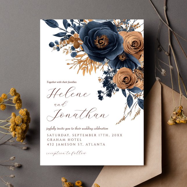 Invitation Aquarelle bleu marine Rust Floral Mariage élégant (Navy Blue Rust Watercolor Floral Elegant Wedding Invitation)