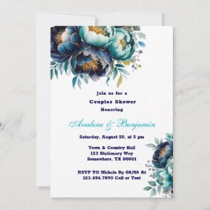 Invitation Aquarelle bleu marine turquoise Peony Couples Douc