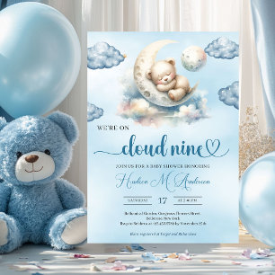 Invitation Aquarelle bleu marron teddy ourson nuage neuf invi