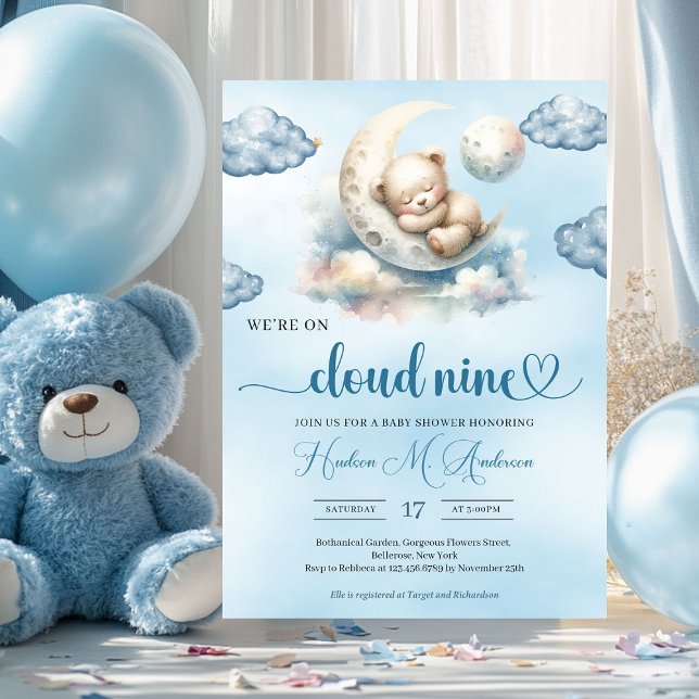 Invitation Aquarelle bleu marron teddy ourson nuage neuf invi (cloud nine cute sleeping teddy bear boy baby shower invitation)