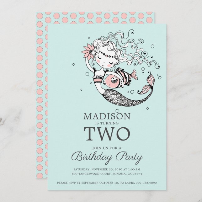 Invitation Aquarelle bleu mignonne sirène 2e anniversaire (Devant / Derrière)