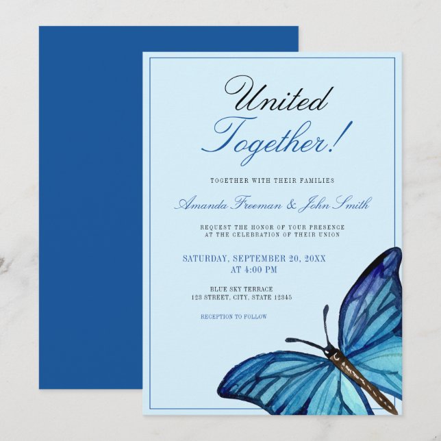 Invitation Aquarelle bleu minimal Mariage papillon (Devant / Derrière)