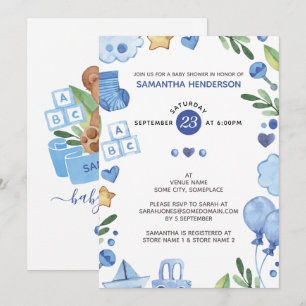 Invitation Aquarelle bleu moderne Baby shower Ours en peluche