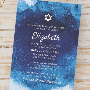 Invitation Aquarelle bleu moderne bat mitzvah