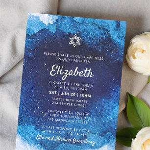 Invitation Aquarelle bleu moderne bat mitzvah