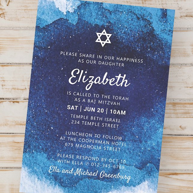 Invitation Aquarelle bleu moderne bat mitzvah (Créateur téléchargé)