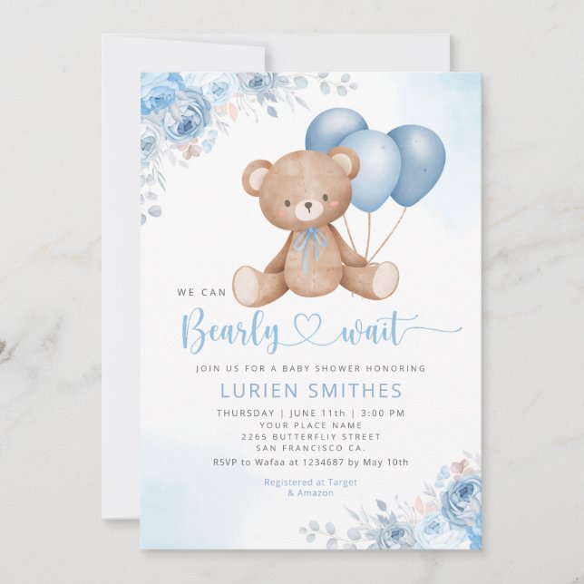 Invitation Aquarelle bleu moderne Boho Teddy Bear Baby shower (Devant)