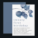 Invitation Aquarelle bleu moderne Folio Vingt et unième<br><div class="desc">Aquarelle bleu moderne Foliage Vingt-et-unième. Artsy grande aquarelle bleu profond feuilles décorent le dessus et le titre est grand en bas dans élégant minuscule avec les détails au fond. Personnalisez facilement le texte à vos propres détails.</div>