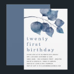 Invitation Aquarelle bleu moderne Folio Vingt et unième<br><div class="desc">Aquarelle bleu moderne Foliage Vingt-et-unième. Artsy grande aquarelle bleu profond feuilles décorent le dessus et le titre est grand en bas dans élégant minuscule avec les détails au fond. Personnalisez facilement le texte à vos propres détails.</div>