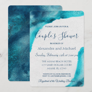 Invitation Aquarelle bleu Océan biologique Douche Couple
