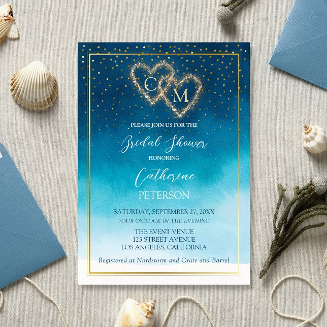Invitation Aquarelle Bleu Océan Vagues Avec Mariage Monogramm (Créateur téléchargé)