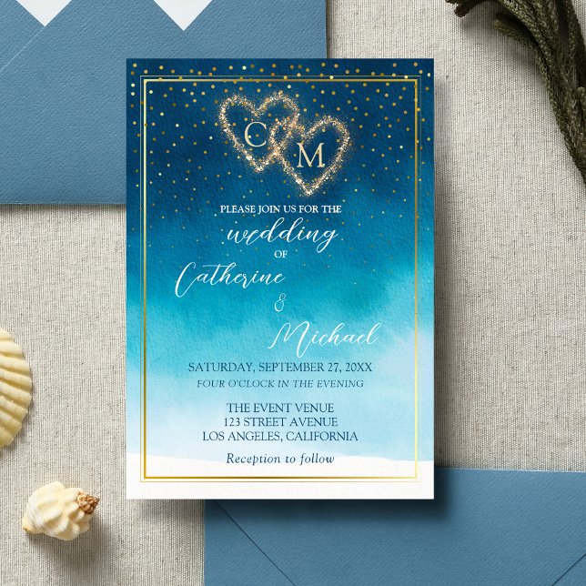 Invitation Aquarelle Bleu Océan Vagues Avec Mariage Monogramm (Créateur téléchargé)