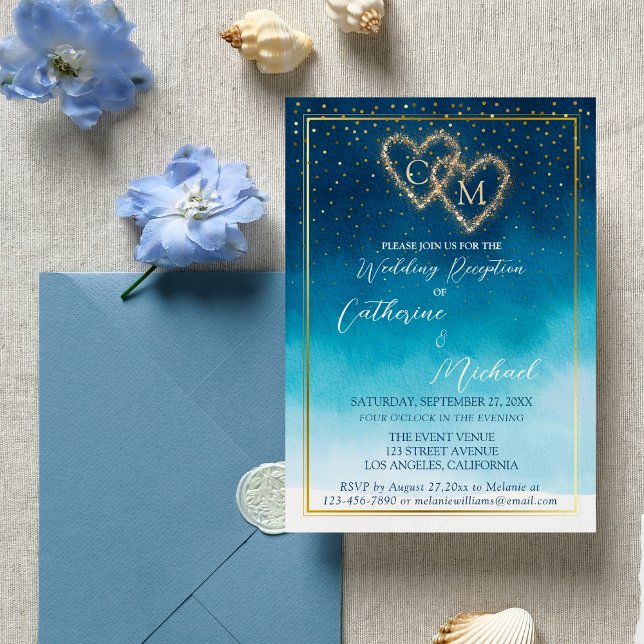 Invitation Aquarelle Bleu Océan Vagues Avec Mariage Monogramm (Créateur téléchargé)