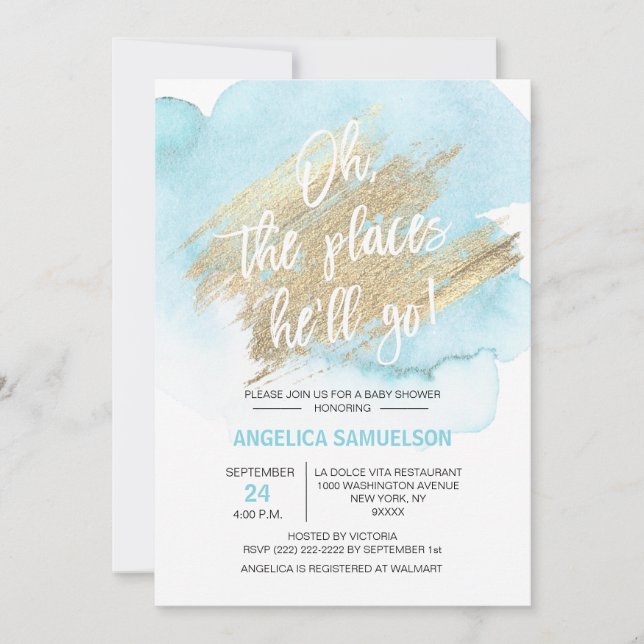 Invitation Aquarelle bleu Oh les endroits où il va aller Baby (Devant)