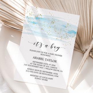 Invitation Aquarelle Bleu & Or C'est un Baby shower garçon