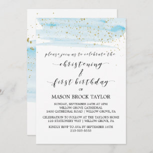 Invitation Aquarelle Bleu & Or Christening & 1er Anniversaire