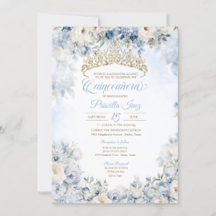 Invitation Aquarelle bleu or élégant Floral Quinceañera
