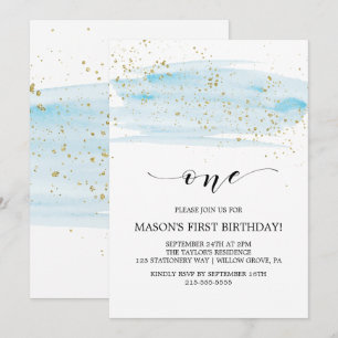 Invitation Aquarelle Bleu & Or Étincelle Premier anniversaire