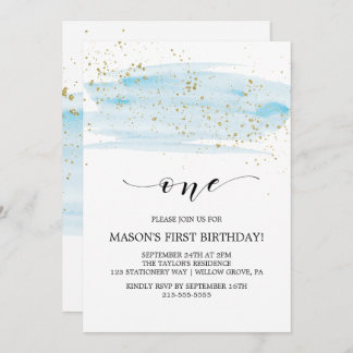 Invitation Aquarelle Bleu & Or Étincelle Premier anniversaire