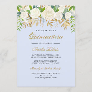Invitation Aquarelle bleu or floral feuille Quinceanera