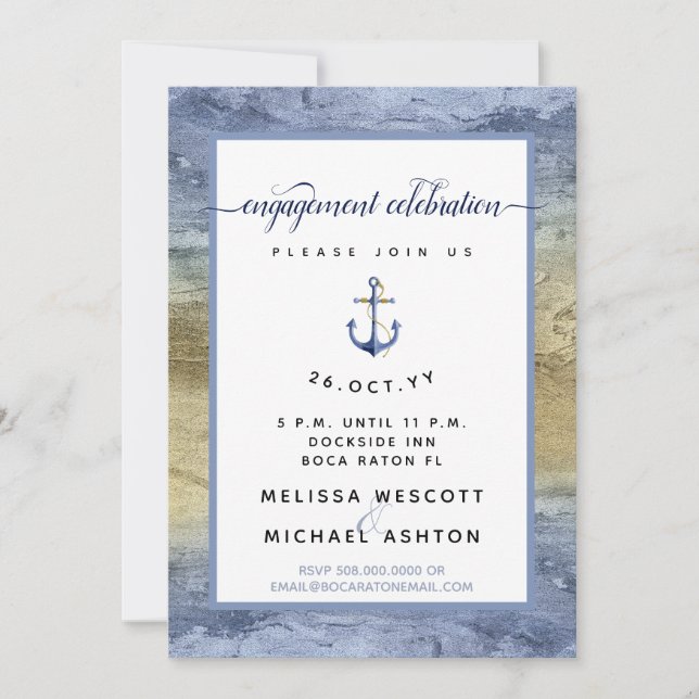 Invitation Aquarelle bleu or #Parti d'engagement nautique (Devant)