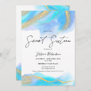 Invitation Aquarelle bleu or parties scintillant photo Sweet