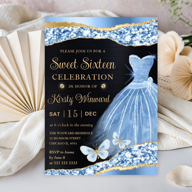 Invitation Aquarelle Bleu & Or Parties scintillant robe Sweet (Créateur téléchargé)