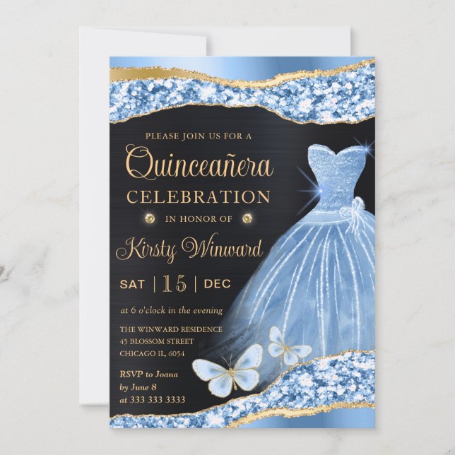 Invitation Aquarelle Bleu & Or Robe Parties scintillant Quinc (Devant)