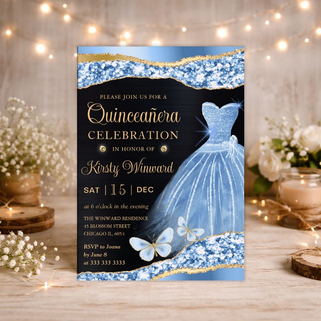 Invitation Aquarelle Bleu & Or Robe Parties scintillant Quinc (Créateur téléchargé)