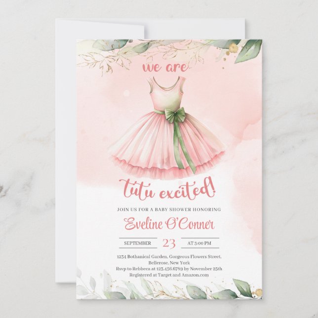 Invitation Aquarelle bleu or vert eucalyptus tutu robe (Devant)